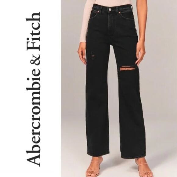 Abercrombie and Fitch The 90's Relaxed Jean High Rise Black Distressed Size 8 - Picture 1 of 7